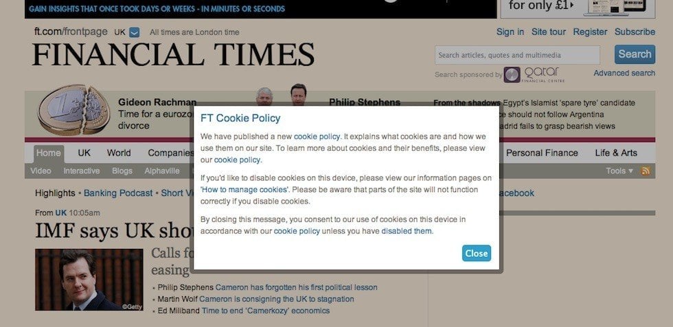 Pop-up message from FT on FT Cookie Policy