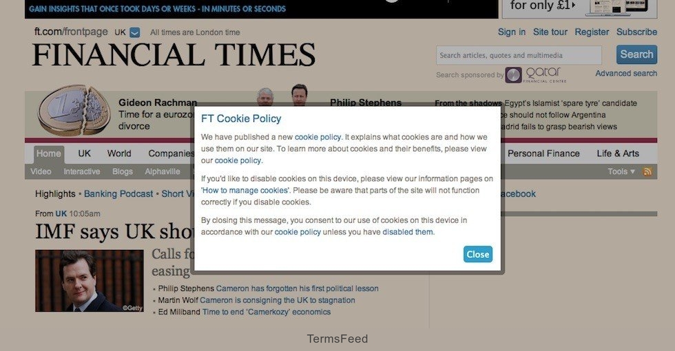 Pop-up message from FT on FT Cookie Policy
