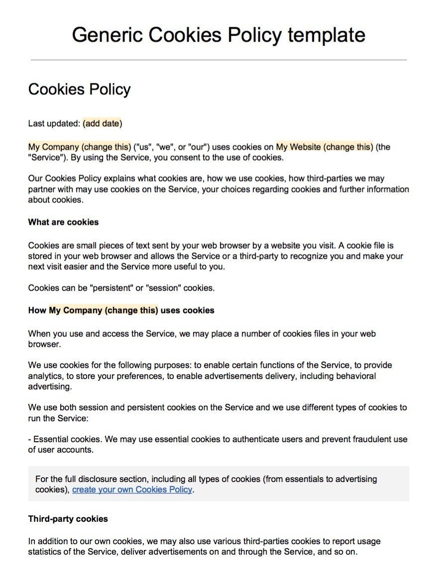 Screenshot of the Generic Cookies Policy Template