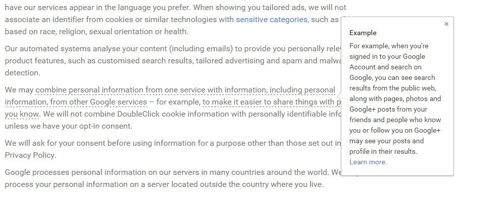 Explanatory notes in Privacy Policy of Google