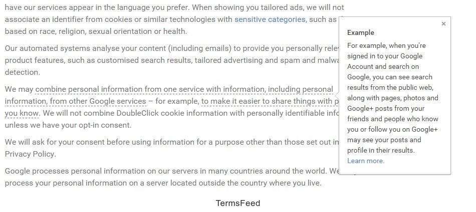 Explanatory notes in Privacy Policy of Google