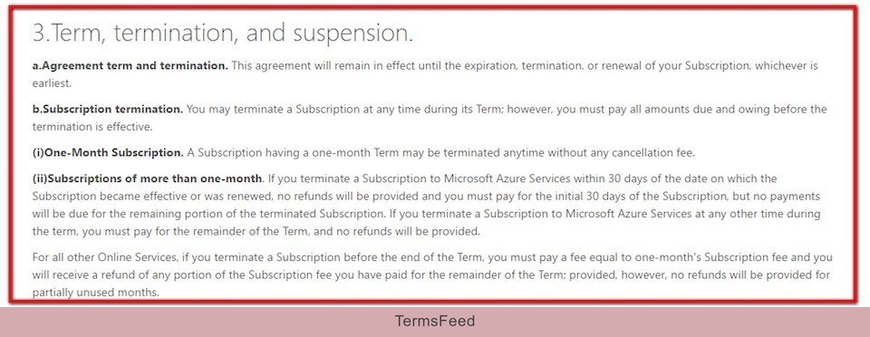 Microsoft Azure: Refunds on subscription termination