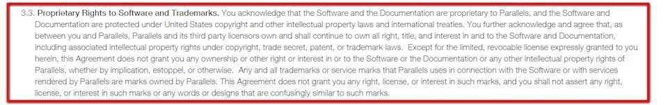 Copyright infringement clause in Parallels software agreement