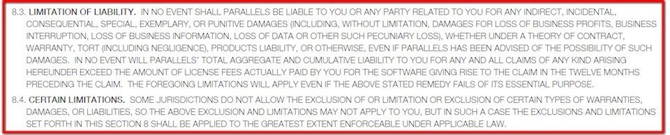 Limitation of liability clause in EULA of Parallels software