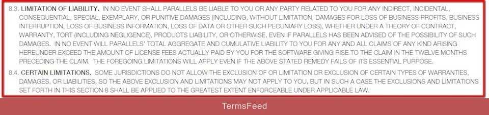 Limitation of liability clause in EULA of Parallels software