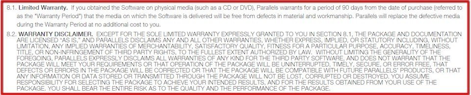 Limited warranty clause in Parallels software agreement