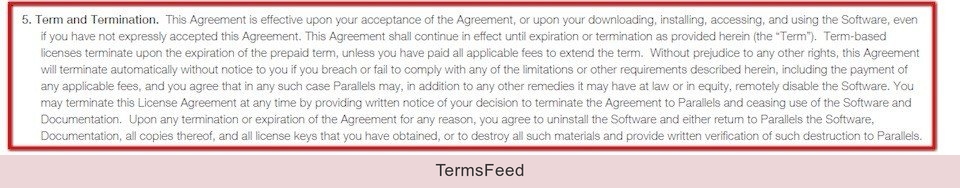 Termination clause in EULA of Parallels software