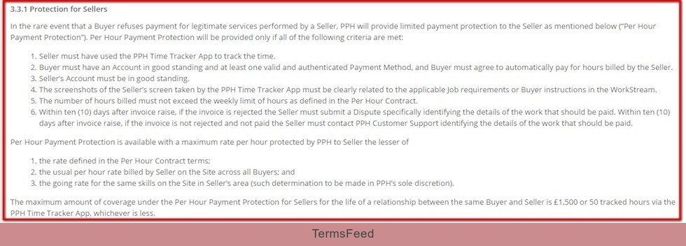Protection for Sellers clause in Terms and Conditions of PeoplePerHour