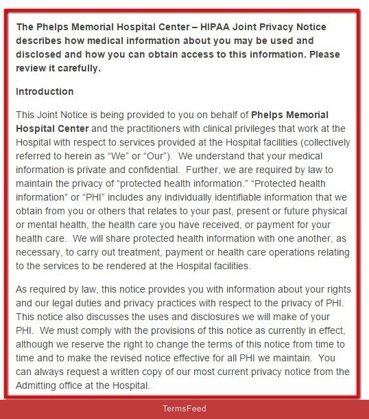 Introduction clause from HIPAA Privacy of Phelps Memorial Website