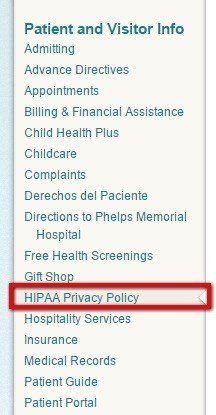 Highlight legal link from sidebar of Phelps Memorial Hospital Center website