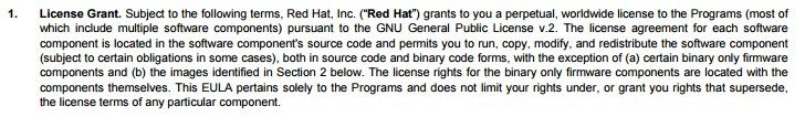 RedHat License Grant clause screenshot