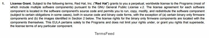 RedHat License Grant clause screenshot