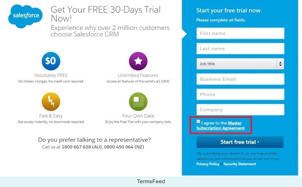 Registration form on SalesForce: Highlight I Agree to