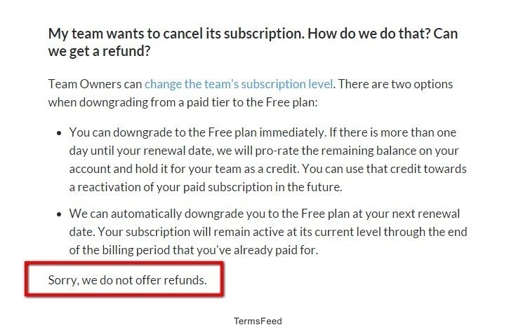 Slack Help Center: No refunds section