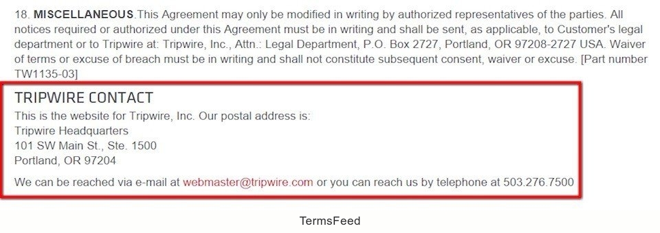 Contact information section in EULA of Tripwire