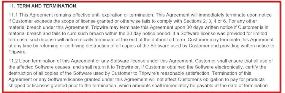 Termination clause in EULA of Tripwire
