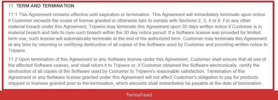 Termination clause in EULA of Tripwire