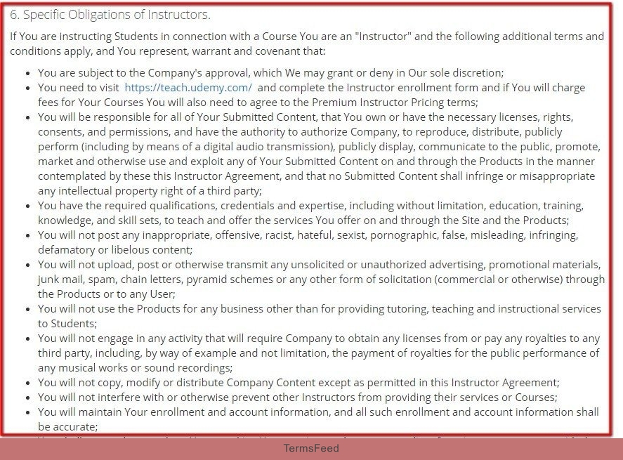 Obligations for Instructors clause in Terms of Use of Udemy