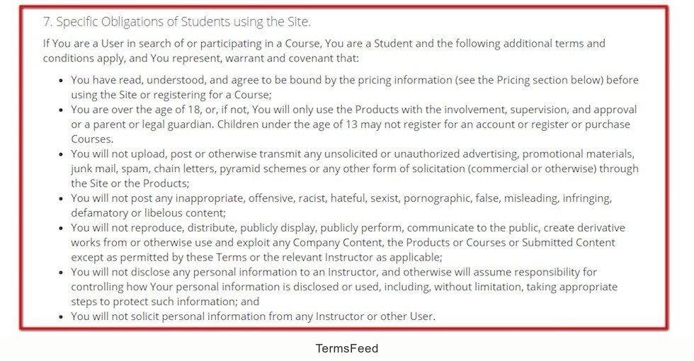 Obligations for Students in Terms of Use of Udemy