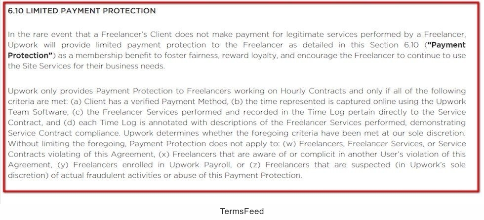 Limited Payment Protection clause in User Agreement of UpWork