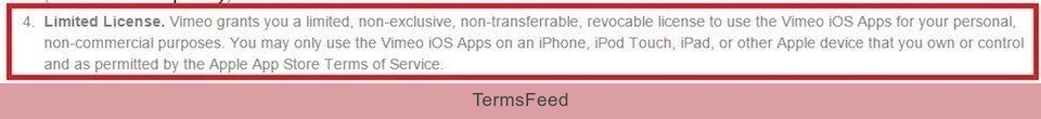 Limited license clause in EULA of Vimeo iOS app