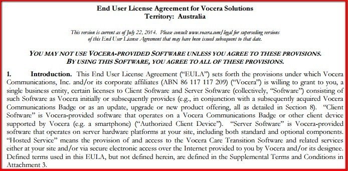 Introduction clause in EULA of Vocera Solutions