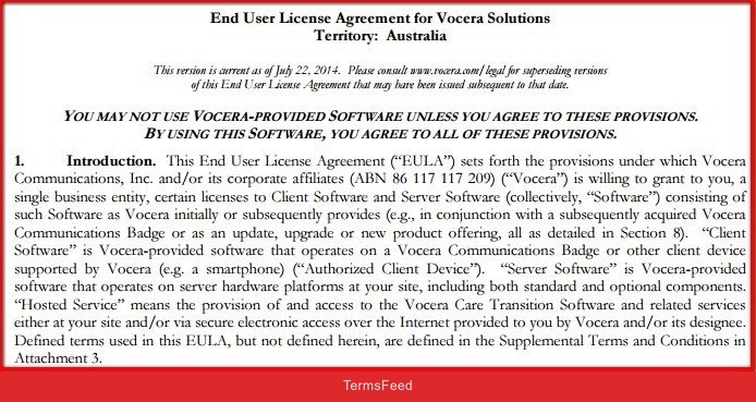 Introduction clause in EULA of Vocera Solutions