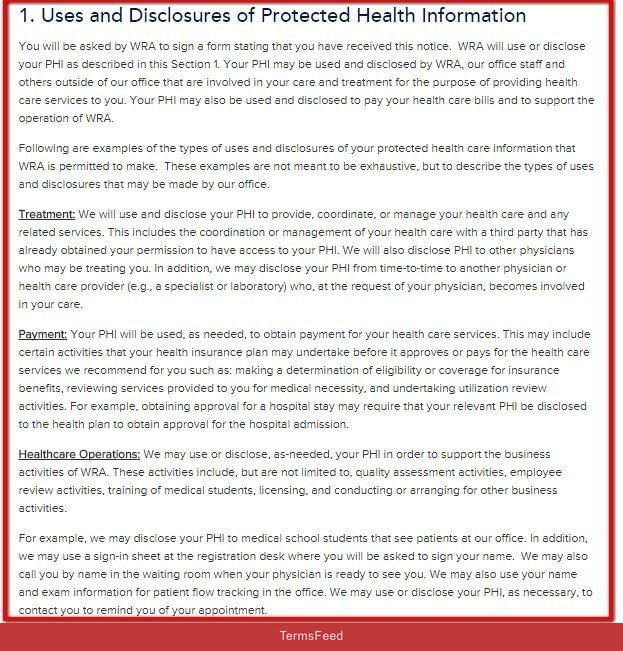 Uses and Disclosures clause from HIPAA Notice of Washington Radiology