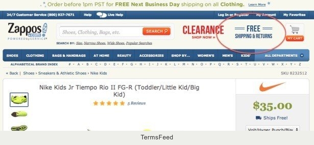 Zappos notification: Free shipping and returns