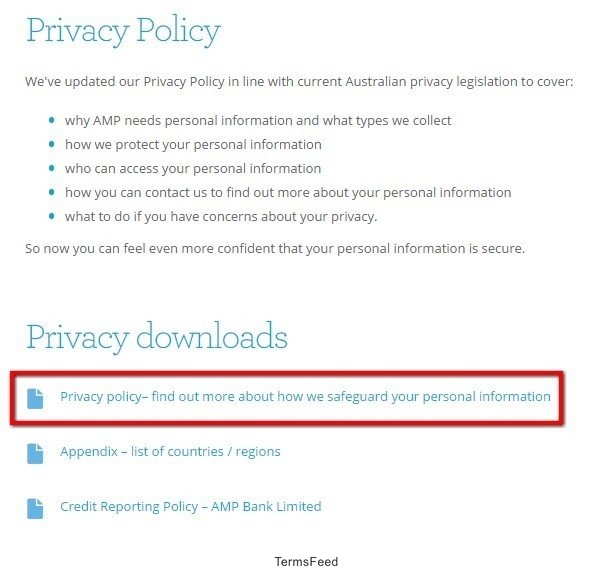 Downloads section in AMP Privacy Policy