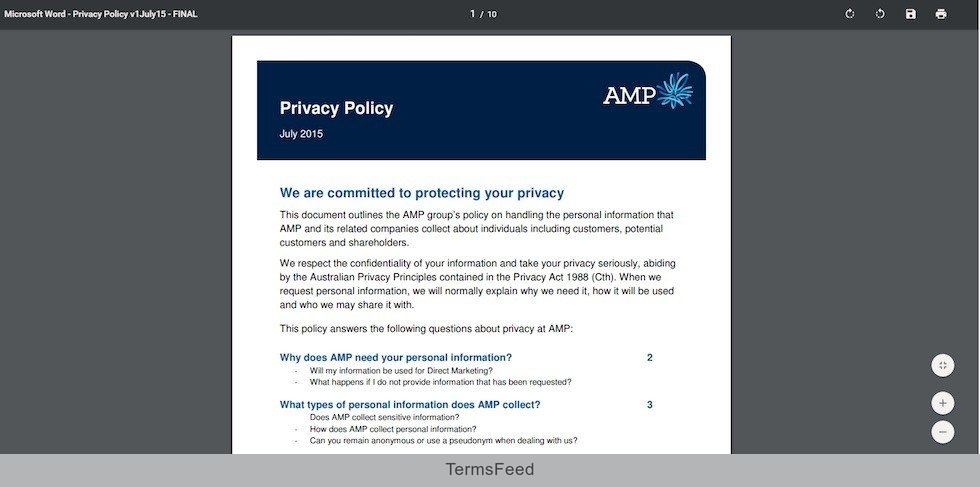 Screenshot of AMP Privacy Policy stored as PDF file