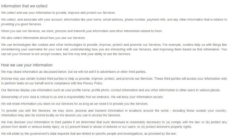 Antoree Privacy Policy: Information we collect