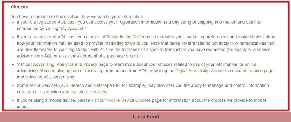 AOL Choice disclosure section