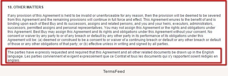 BestBuy Canada: Agreement is in English clause