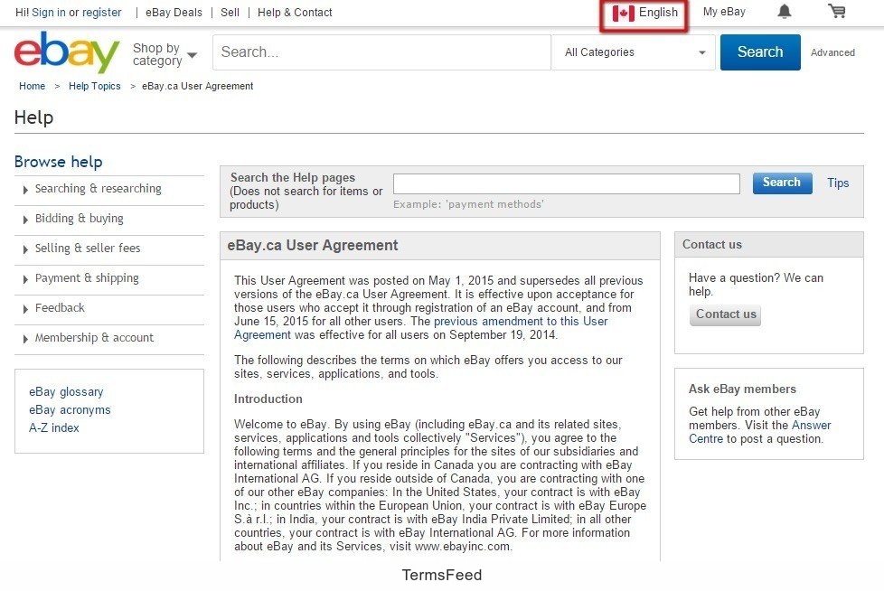 eBay Canada: Language Selector