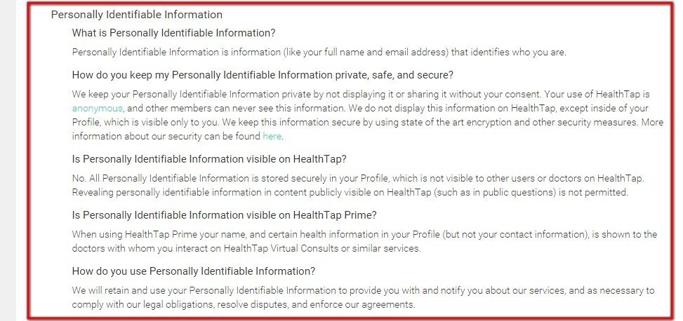 Personally Identifiable Information section in HealthTap