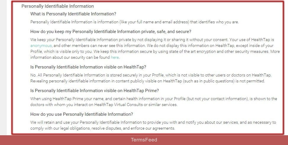 Personally Identifiable Information section in HealthTap