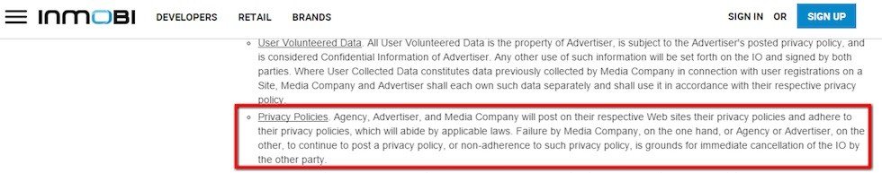 InMobi Advertiser Terms: Must have Privacy Policies