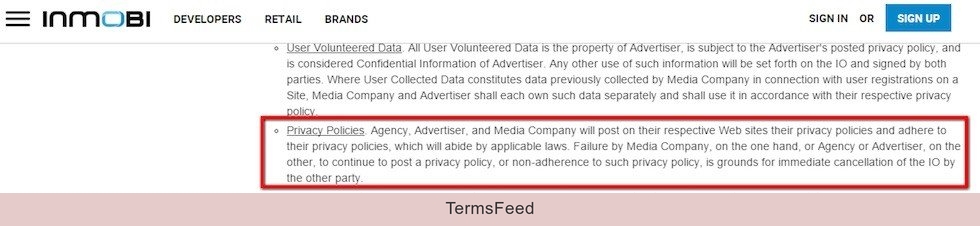 InMobi Advertiser Terms: Must have Privacy Policies