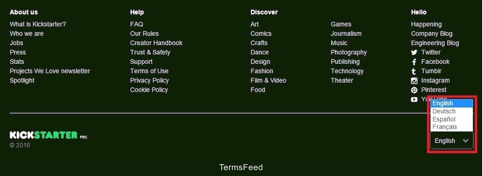 Language select in Kickstarter website footer