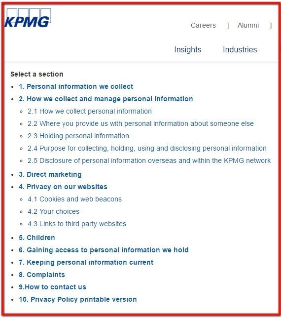 KPMG Australia Table of Contents in Privacy Policy