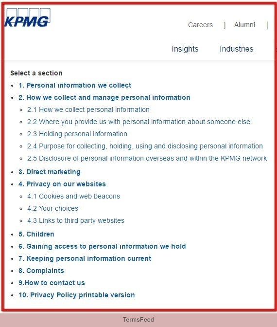 KPMG Australia Table of Contents in Privacy Policy