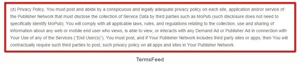 Privacy Policy clause in MobPub Terms of Service