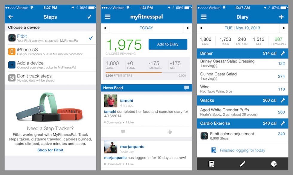 Screenshots of 3 screens from MyFitnessPal