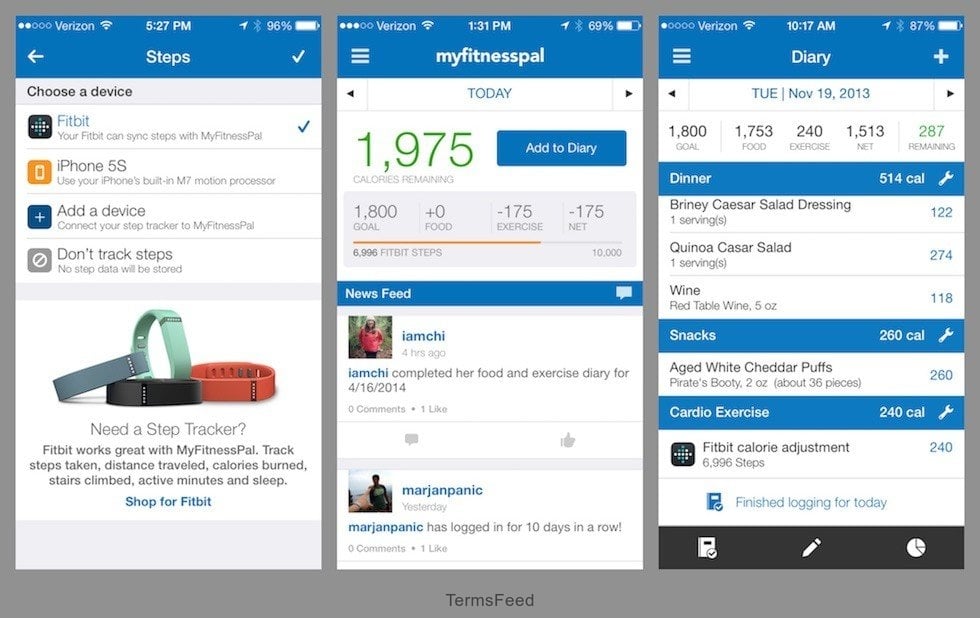 Screenshots of 3 screens from MyFitnessPal