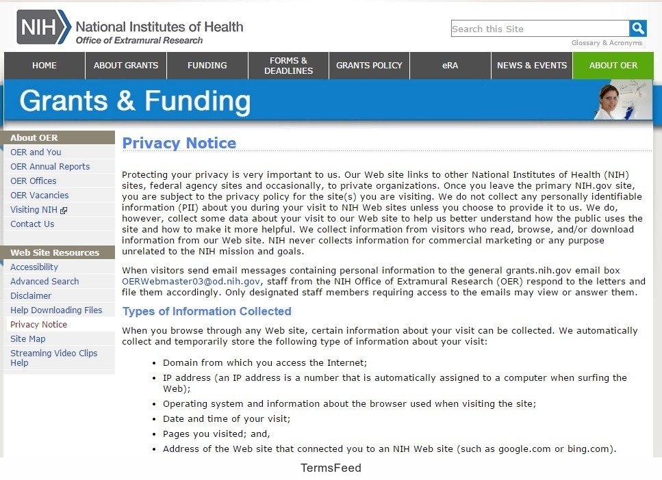 Screenshot of Privacy Notice webpage of NIH