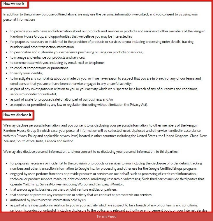 Privacy Policy of Penguin Australia: Use and disclosure
