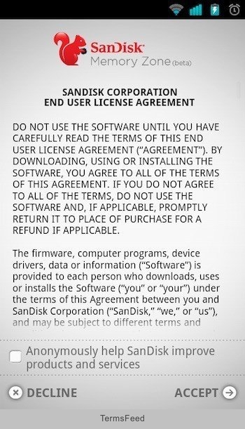 Accept or Decline EULA in SanDisk Android app