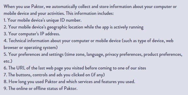 Screenshot from Paktor Privacy Policy