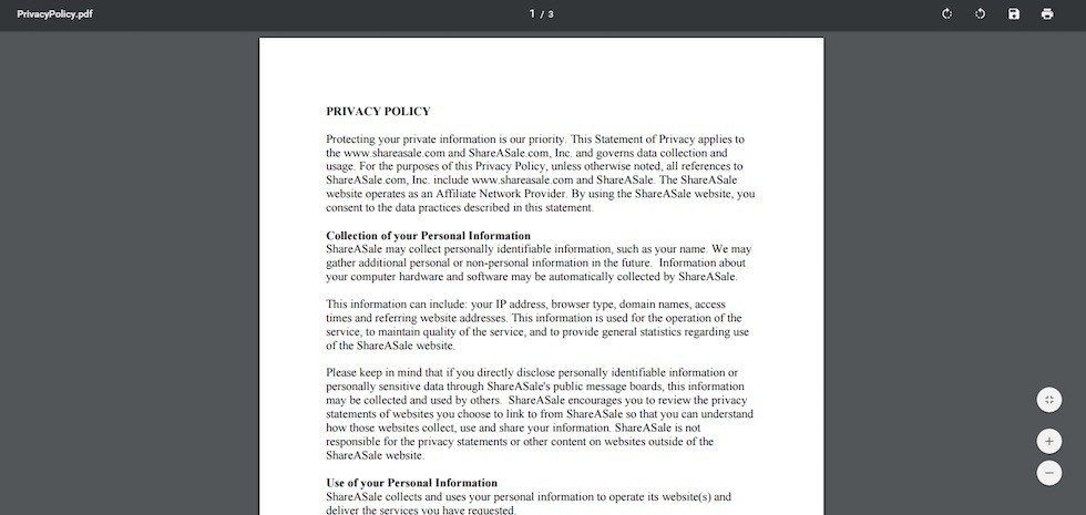 Screenshot of Merchant Privacy Policy as PDF from ShareASale